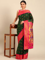 Maharani paithani saree silk blend in bottle green and pink with big peacock meena butti - styled model view for party wear