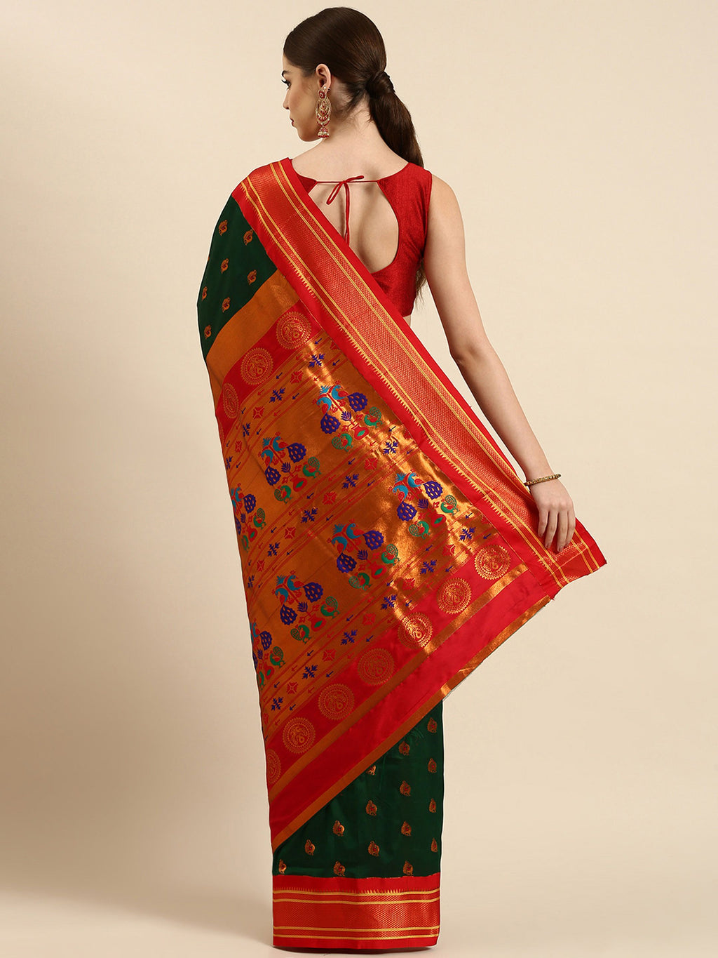 Maharani paithani saree silk blend in bottle green and red with big peacock meena butti - back view showing pallu and border for party wear