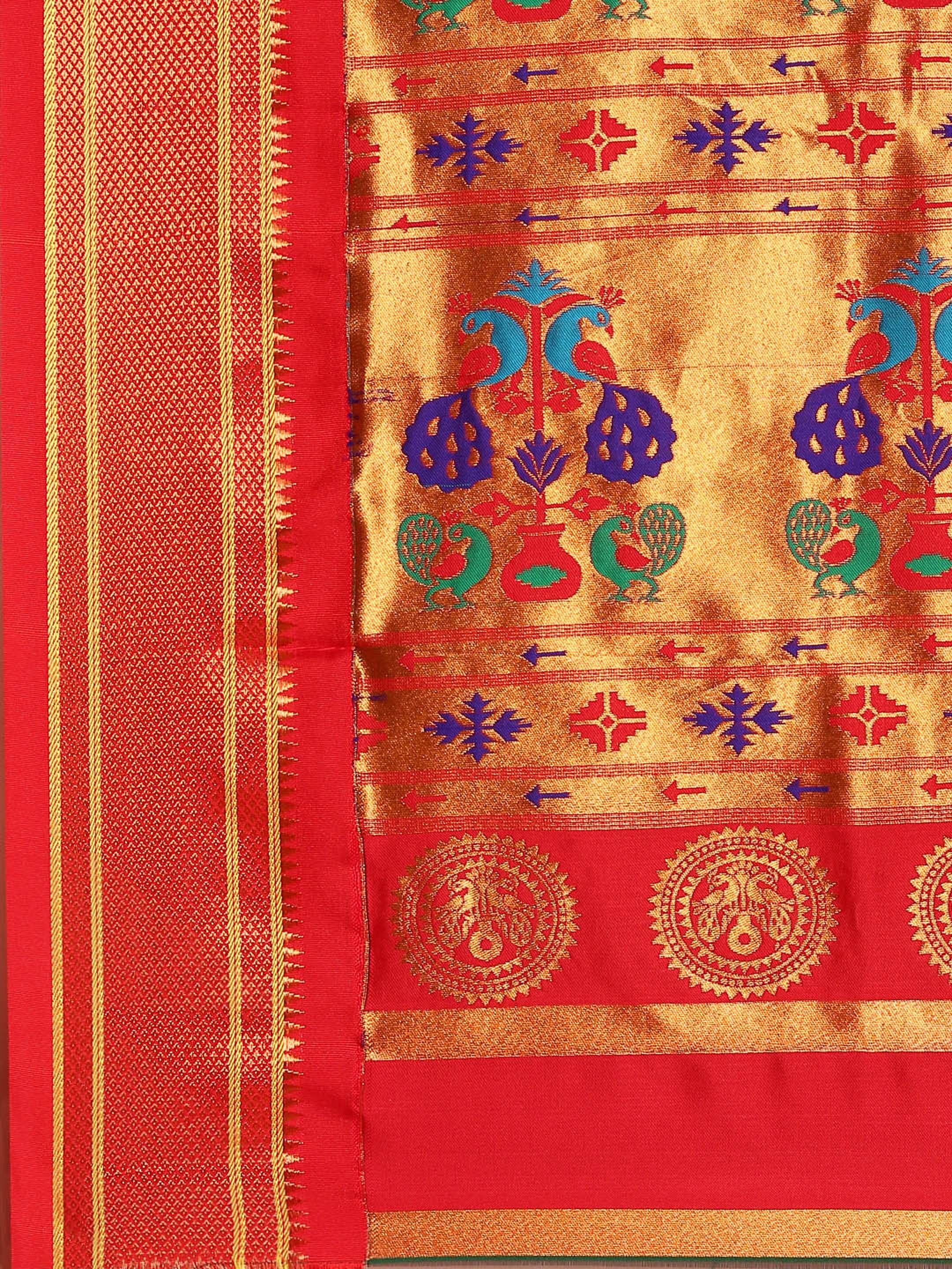 Maharani paithani saree silk blend in bottle green and red with big peacock meena butti - pallu detail showing woven motif design for party wear
