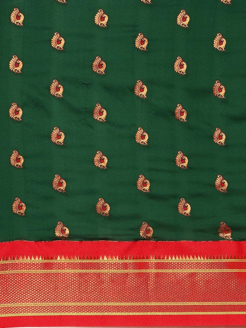 Maharani paithani saree silk blend in bottle green and red with big peacock meena butti - body fabric detail showing motif design for party wear