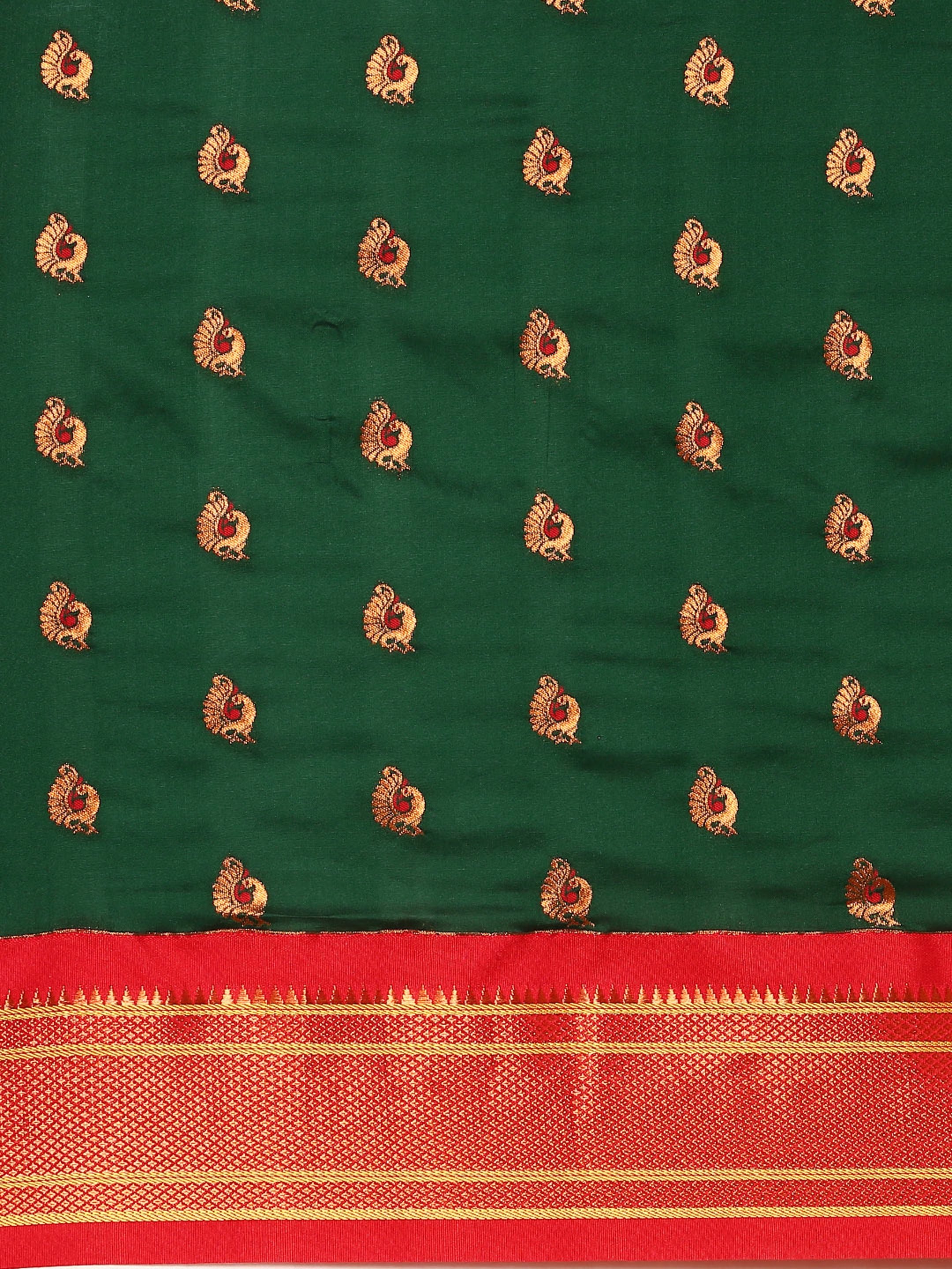 Maharani paithani saree silk blend in bottle green and red with big peacock meena butti - body fabric detail showing motif design for party wear