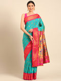 Maharani paithani saree silk blend in chintamani and pink with big peacock meena butti - front view for party wear