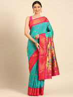 Maharani paithani saree silk blend in chintamani and pink with big peacock meena butti - front view for party wear