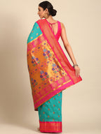 Maharani paithani saree silk blend in chintamani and pink with big peacock meena butti - back view showing pallu and border for party wear