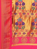 Maharani paithani saree silk blend in chintamani and pink with big peacock meena butti - pallu detail showing woven motif design for party wear