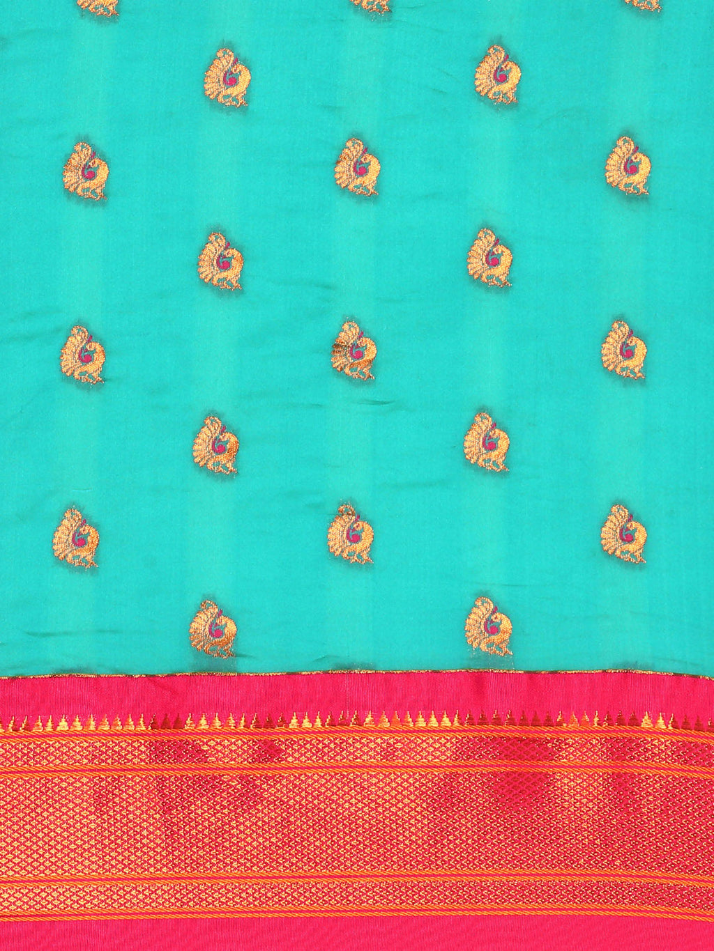 Maharani paithani saree silk blend in chintamani and pink with big peacock meena butti - body fabric detail showing motif design for party wear