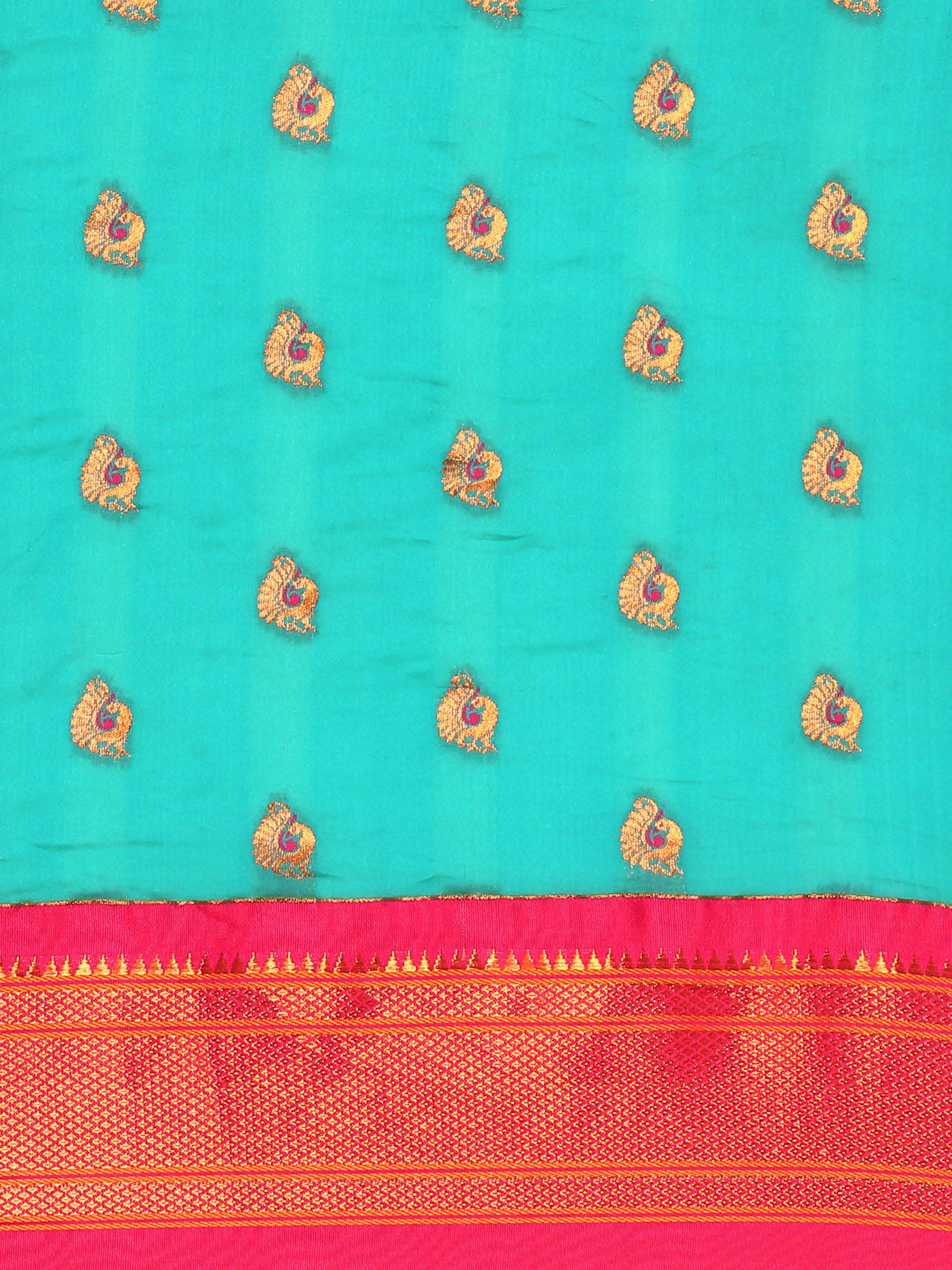 Maharani paithani saree silk blend in chintamani and pink with big peacock meena butti - body fabric detail showing motif design for party wear
