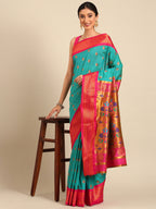 Maharani paithani saree silk blend in chintamani and pink with big peacock meena butti - styled model view for party wear