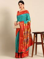 Maharani paithani saree silk blend in chintamani and red with big peacock meena butti - front view for party wear