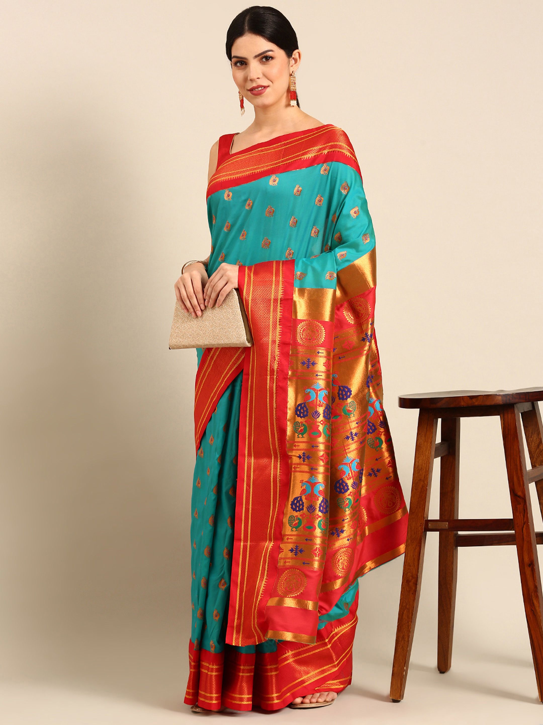 Maharani paithani saree silk blend in chintamani and red with big peacock meena butti - front view for party wear