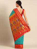 Maharani paithani saree silk blend in chintamani and red with big peacock meena butti - back view showing pallu and border for party wear