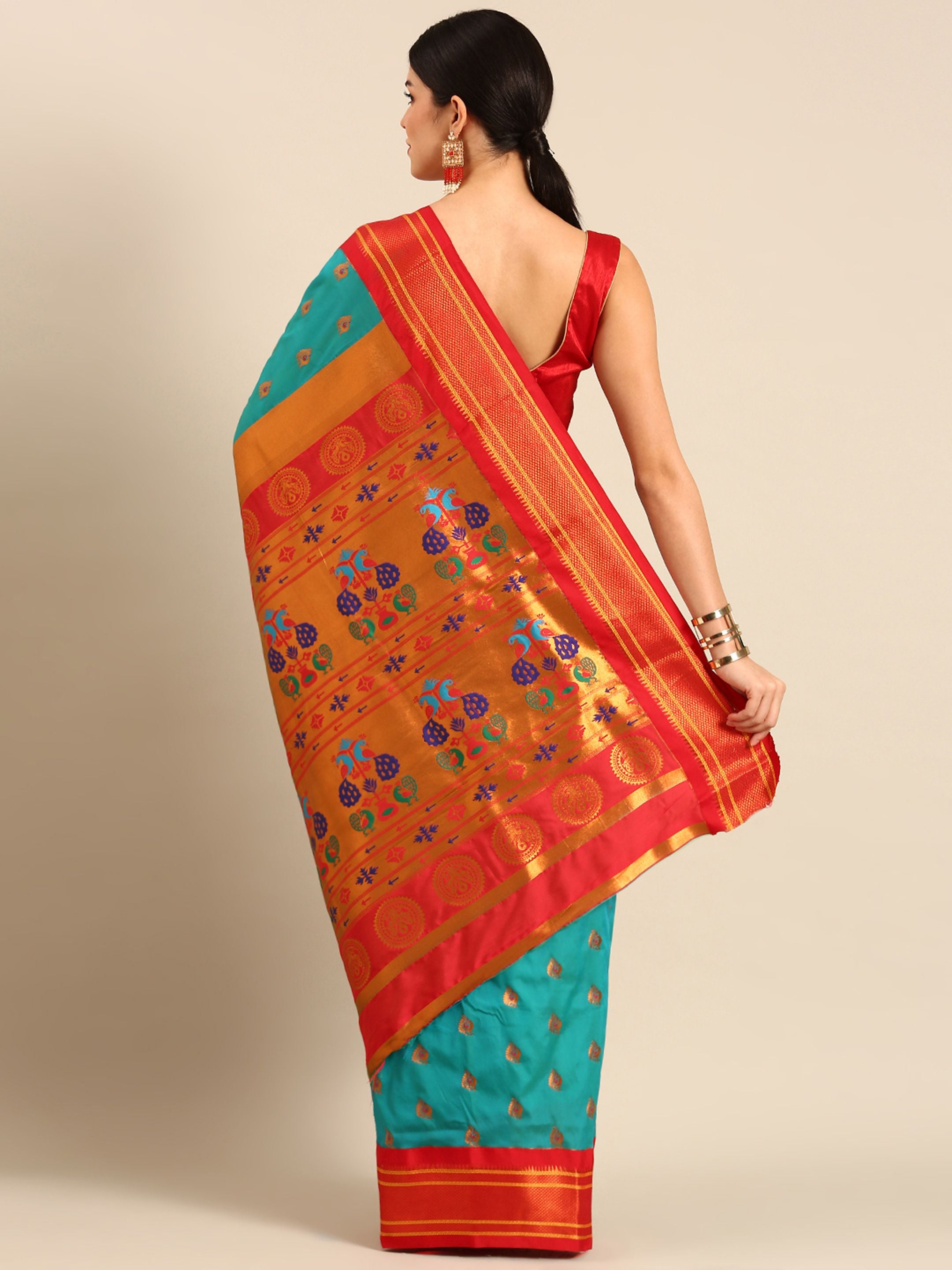 Maharani paithani saree silk blend in chintamani and red with big peacock meena butti - back view showing pallu and border for party wear