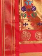 Maharani paithani saree silk blend in chintamani and red with big peacock meena butti - pallu detail showing woven motif design for party wear