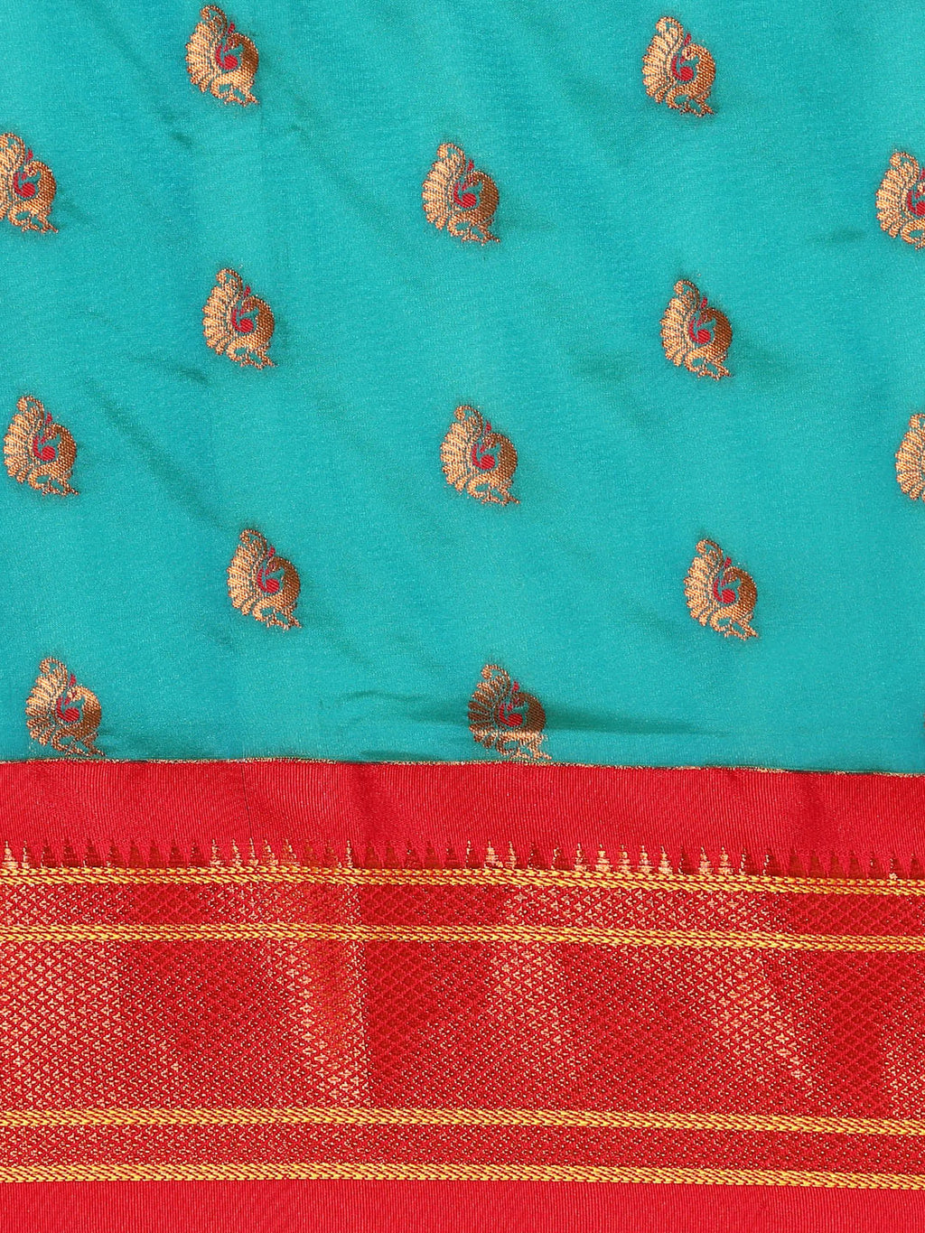 Maharani paithani saree silk blend in chintamani and red with big peacock meena butti - body fabric detail showing motif design for party wear