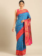 Maharani paithani saree silk blend in firozi and pink with big peacock meena butti - front view for party wear