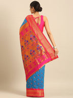 Maharani paithani saree silk blend in firozi and pink with big peacock meena butti - back view showing pallu and border for party wear