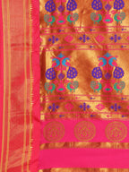 Maharani paithani saree silk blend in firozi and pink with big peacock meena butti - pallu detail showing woven motif design for party wear