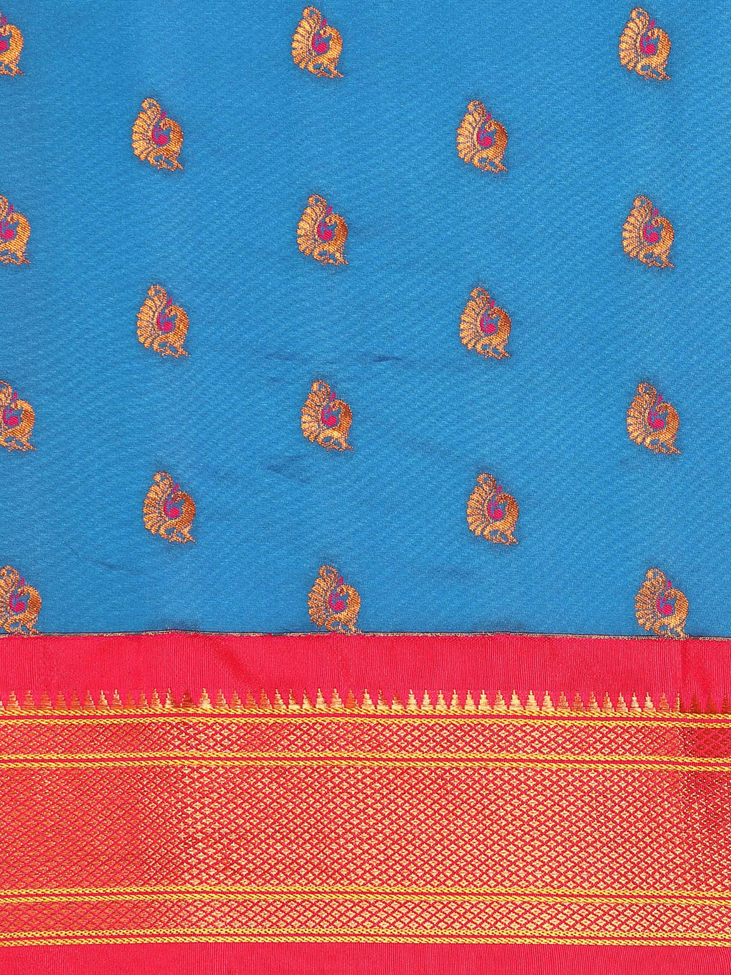 Maharani paithani saree silk blend in firozi and pink with big peacock meena butti - body fabric detail showing motif design for party wear