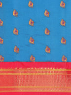 Maharani paithani saree silk blend in firozi and pink with big peacock meena butti - body fabric detail showing motif design for party wear