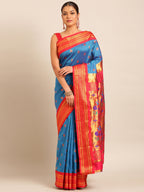 Maharani paithani saree silk blend in firozi and red with big peacock meena butti - front view for party wear