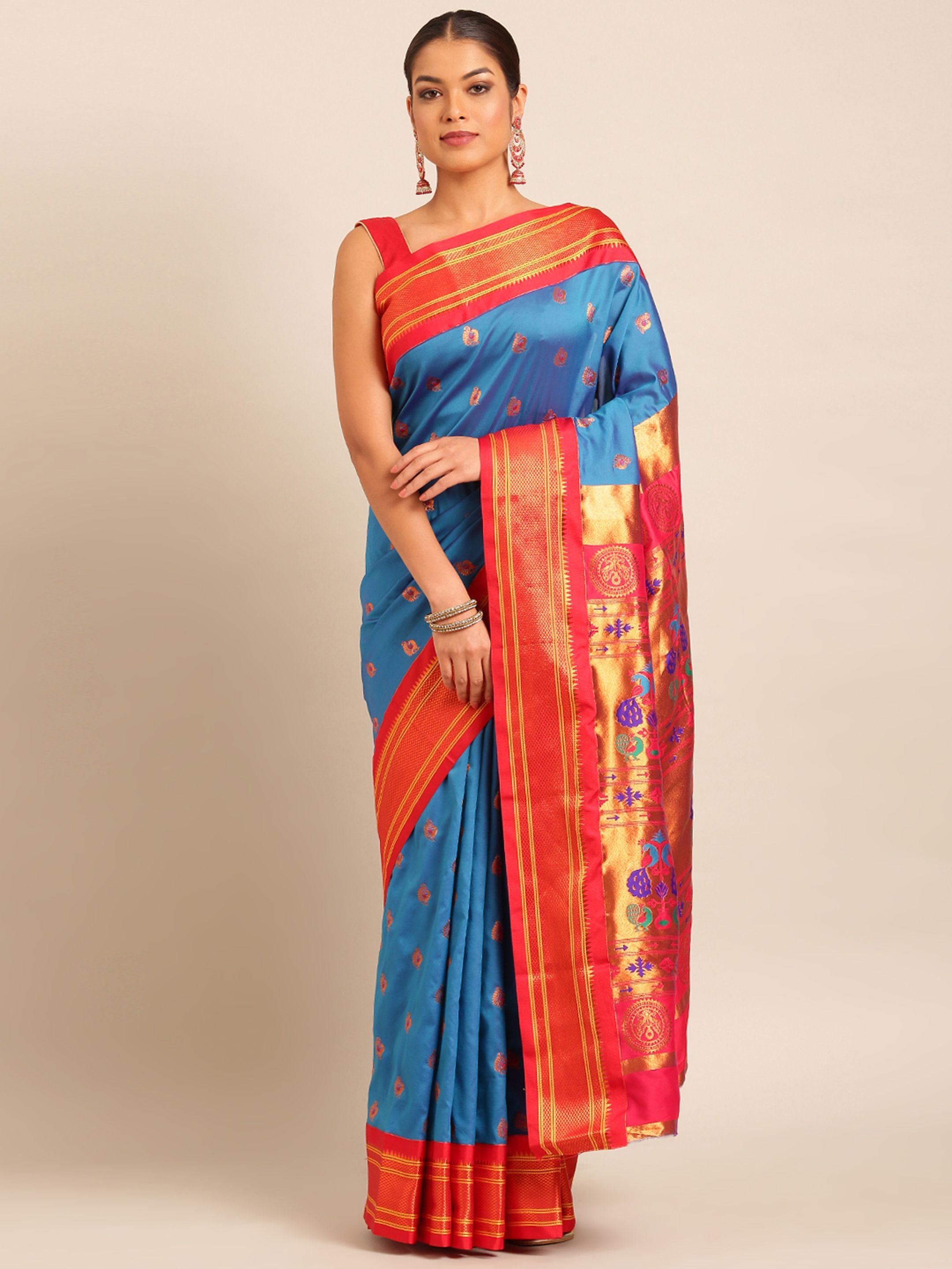 Maharani paithani saree silk blend in firozi and red with big peacock meena butti - front view for party wear