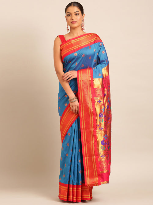 Maharani paithani saree silk blend in firozi and red with big peacock meena butti - front view for party wear