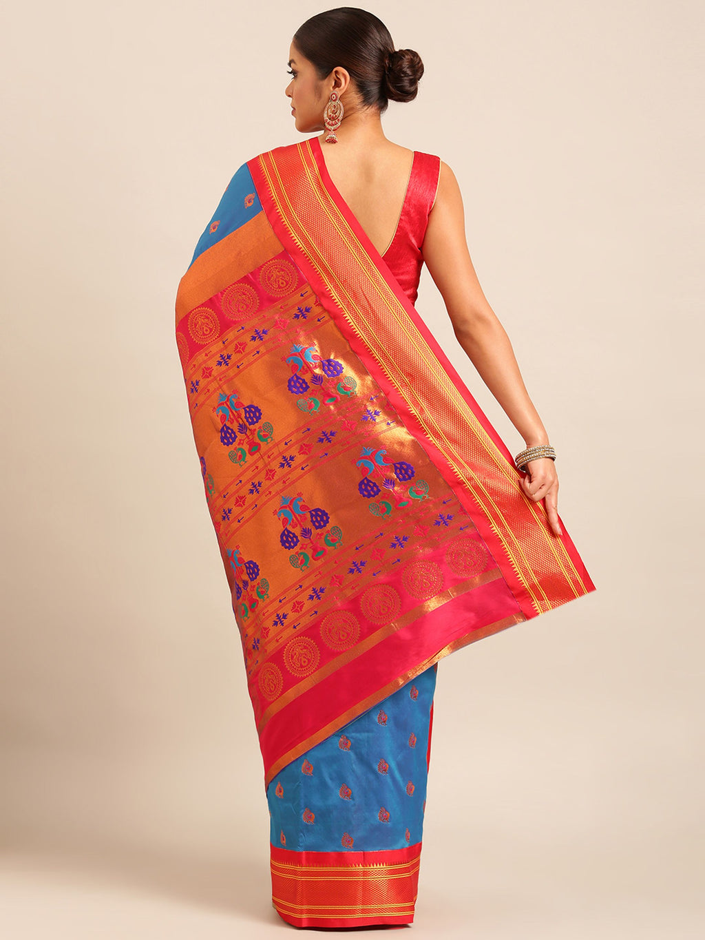 Maharani paithani saree silk blend in firozi and red with big peacock meena butti - back view showing pallu and border for party wear