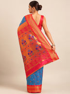 Maharani paithani saree silk blend in firozi and red with big peacock meena butti - back view showing pallu and border for party wear