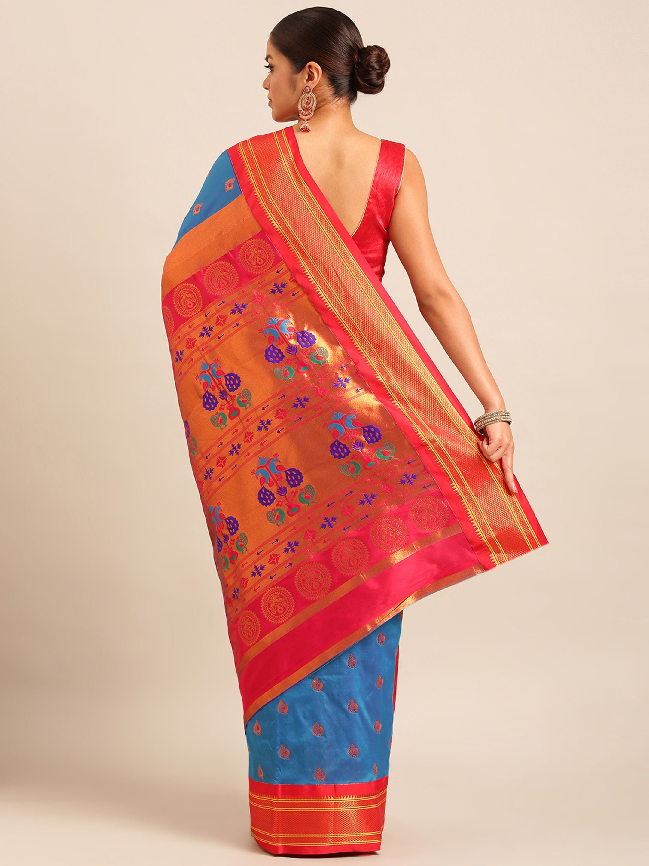 Maharani paithani saree silk blend in firozi and red with big peacock meena butti - back view showing pallu and border for party wear
