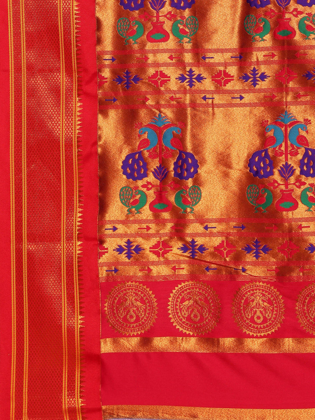 Maharani paithani saree silk blend in firozi and red with big peacock meena butti - pallu detail showing woven motif design for party wear