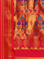 Maharani paithani saree silk blend in firozi and red with big peacock meena butti - pallu detail showing woven motif design for party wear