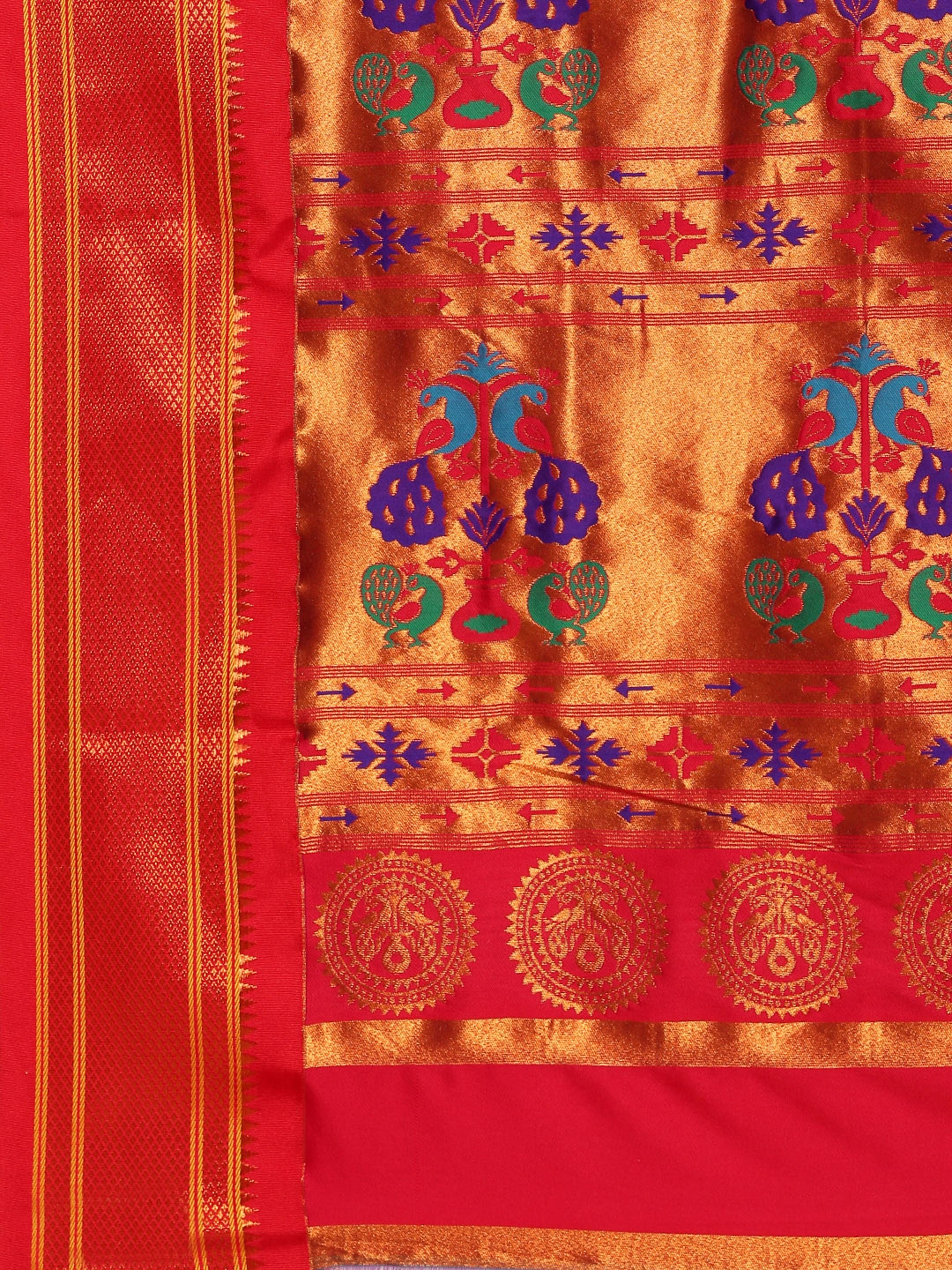Maharani paithani saree silk blend in firozi and red with big peacock meena butti - pallu detail showing woven motif design for party wear