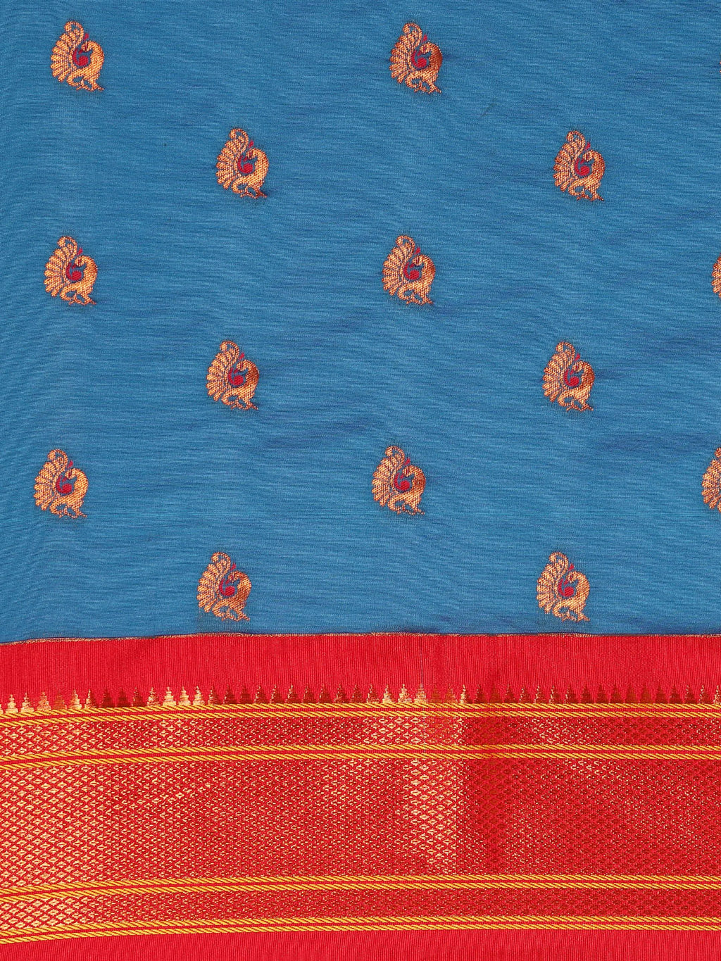 Maharani paithani saree silk blend in firozi and red with big peacock meena butti - body fabric detail showing motif design for party wear