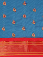 Maharani paithani saree silk blend in firozi and red with big peacock meena butti - body fabric detail showing motif design for party wear