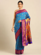 Maharani paithani saree silk blend in firozi and violet with big peacock meena butti - front view for party wear