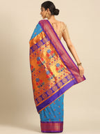 Maharani paithani saree silk blend in firozi and violet with big peacock meena butti - back view showing pallu and border for party wear