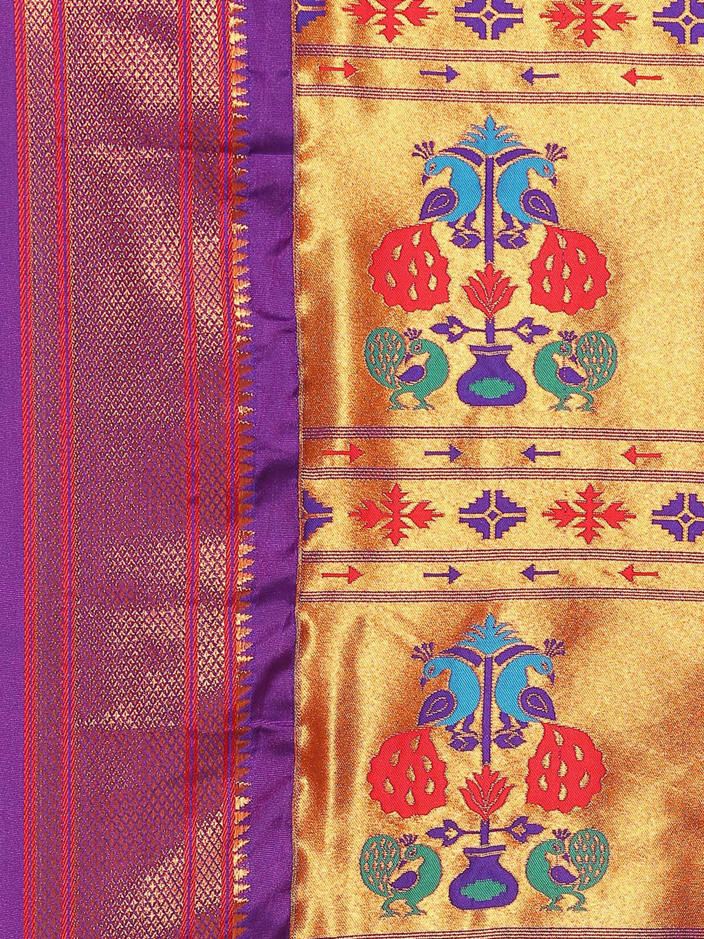 Maharani paithani saree silk blend in firozi and violet with big peacock meena butti - pallu detail showing woven motif design for party wear