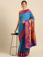 Maharani paithani saree silk blend in firozi and violet with big peacock meena butti - styled model view for party wear