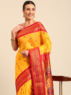 Maharani paithani saree silk blend in gold and red with big peacock meena butti - closeup view showing fabric and zari work for party wear