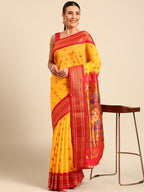 Maharani paithani saree silk blend in gold and red with big peacock meena butti - front view for party wear