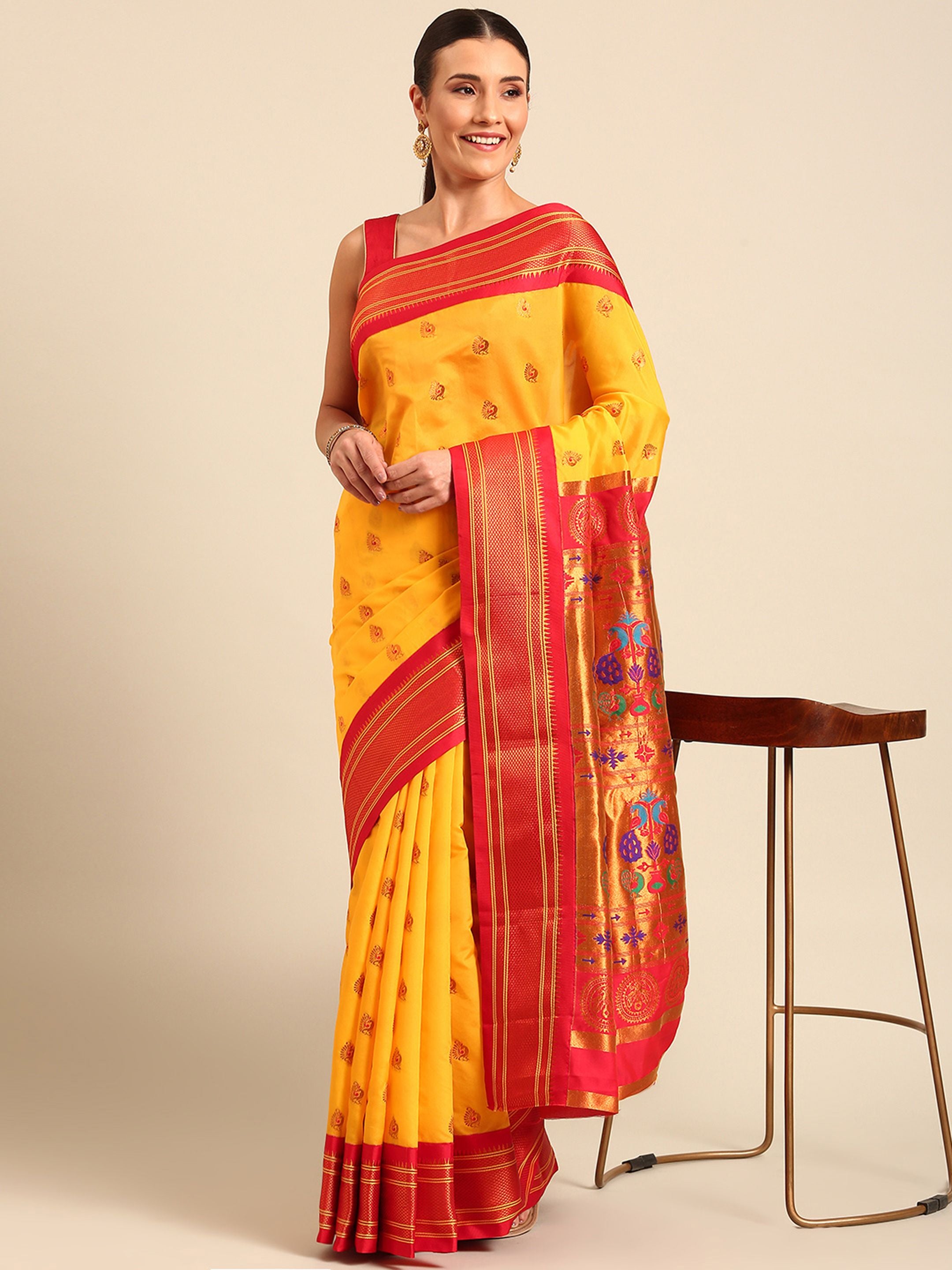 Maharani paithani saree silk blend in gold and red with big peacock meena butti - front view for party wear