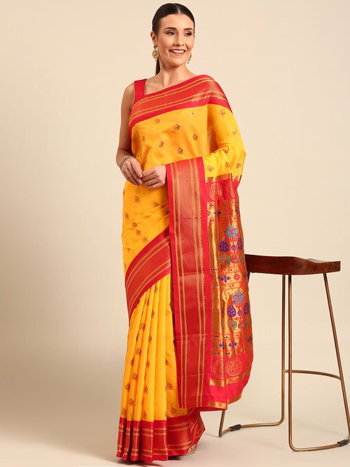 Maharani paithani saree silk blend in gold and red with big peacock meena butti - front view for party wear