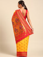 Maharani paithani saree silk blend in gold and red with big peacock meena butti - back view showing pallu and border for party wear