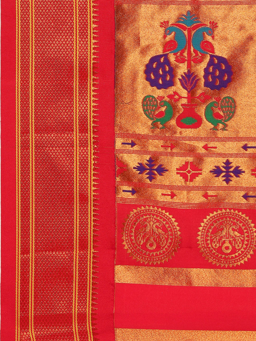 Maharani paithani saree silk blend in gold and red with big peacock meena butti - pallu detail showing woven motif design for party wear