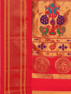 Maharani paithani saree silk blend in gold and red with big peacock meena butti - pallu detail showing woven motif design for party wear