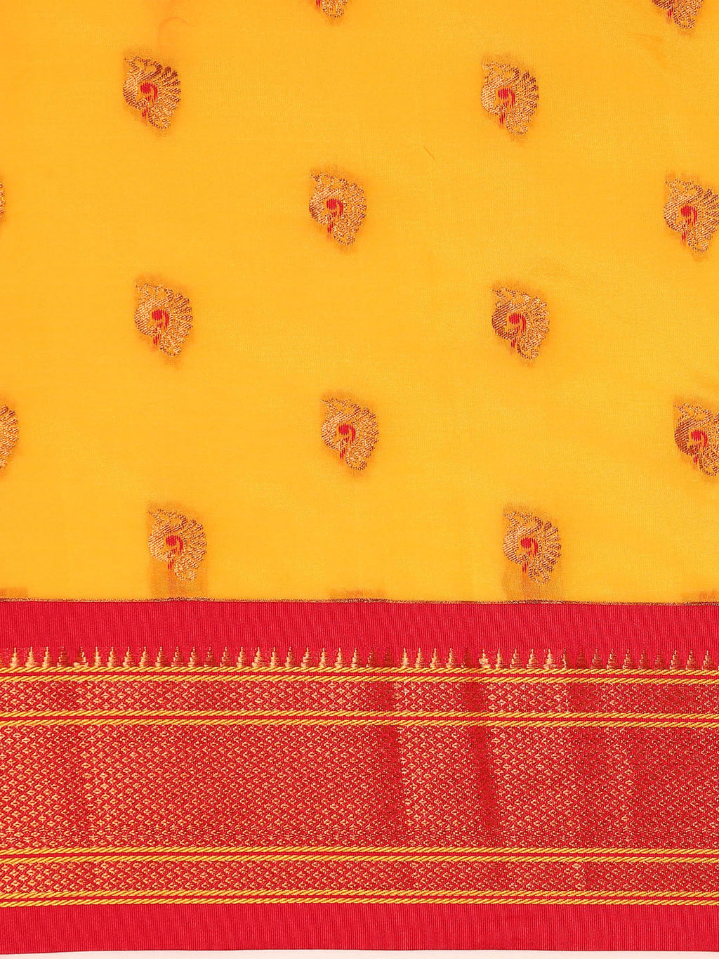 Maharani paithani saree silk blend in gold and red with big peacock meena butti - body fabric detail showing motif design for party wear