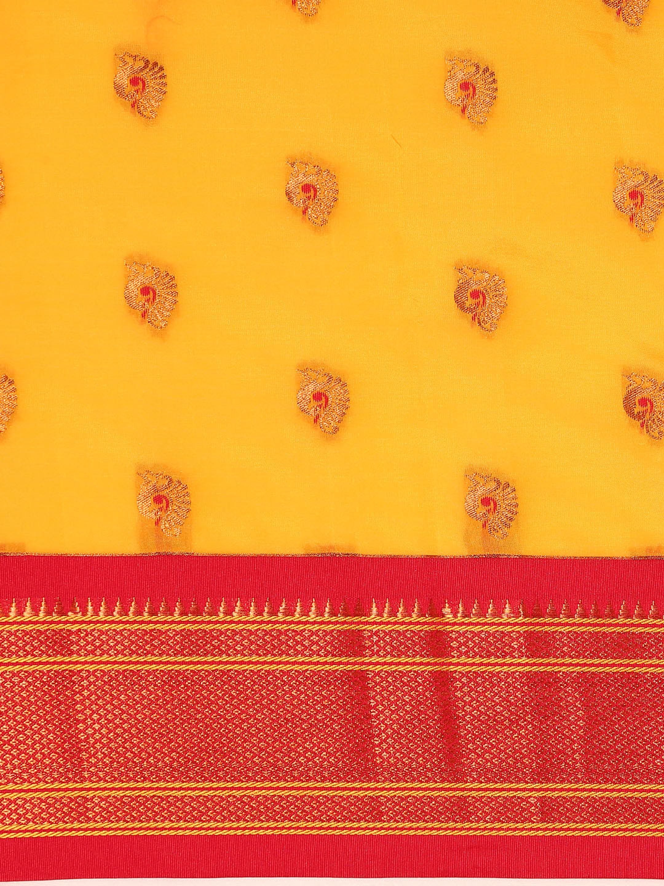 Maharani paithani saree silk blend in gold and red with big peacock meena butti - body fabric detail showing motif design for party wear