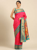 Maharani paithani saree silk blend in hot, pink and rama with big peacock meena butti - front view for party wear