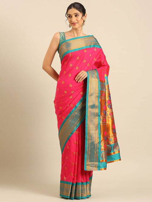 Maharani paithani saree silk blend in hot, pink and rama with big peacock meena butti - front view for party wear