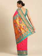 Maharani paithani saree silk blend in hot, pink and rama with big peacock meena butti - back view showing pallu and border for party wear